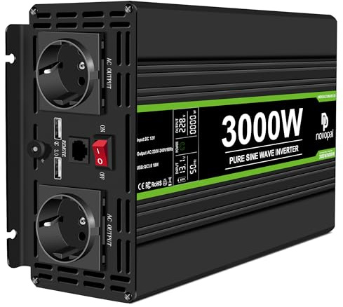 NOVOPAL Omvandlare 3000W 12 V till 230 V ren sinusvågspänningskonverterare 12 V till 230 V växelriktare med 2 EU-uttag 2 x USB-portar QC3.0 18W och 5M fjärrkontroll