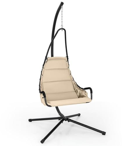 GOPLUS hängstol med ram, hängande gunga med stativ, belastbar upp till 120 kg, ergonomiskt design, 82 cm bred sits, hängkorg, inomhus och utomhus (beige)