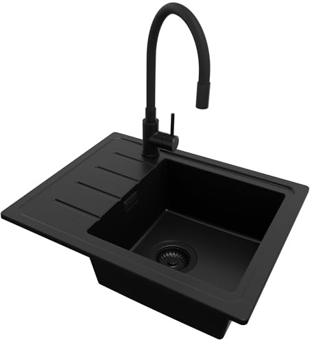 PRIMAGRAN Lavandino da Cucina Tutto Nero 55x44cm, Lavello in Granito a 1 vasca + Rubinetto 40x38cm + Set di accessori, Lavabo da Cucina Incasso al Mobile 45cm - Copenhagen Easy S028