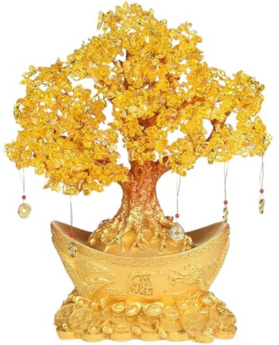 Lamppdcor Feng Shui, chinesische Geldpflanze Feng Shui Goldener Geldbaum mit Kupfermünze Anhänger Citrine Tree mit Goldener Basis für Wohlstand und viel Glück