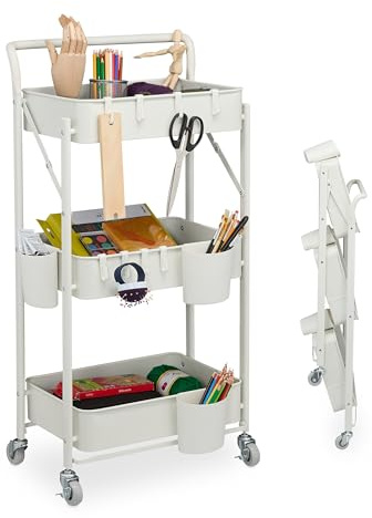 Relaxdays Rollwagen, 3 Etagen, Servierwagen, Küchenwagen für Bad & Büro, Rollregal, HBT 89x44,5x29 cm, Bastelwagen, weiß