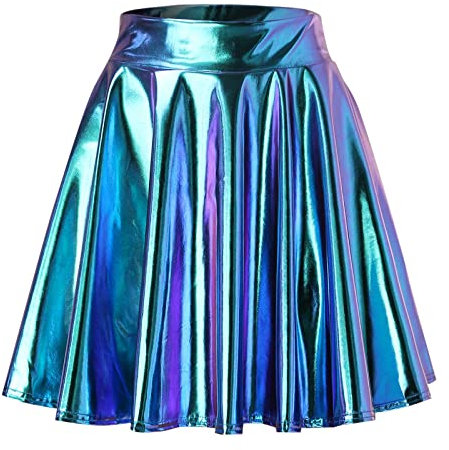 Rock Damen Kurze Metallischer Faltenrock Mini Skater Röcke Hohe Taille Plisseerock PU Lederrock Sexy A-Linie Rock Silber Metallic Y2K Tennisrock Tanzrock Karneval Kostüm Glitzer Party Clubwear