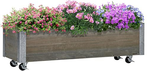 Outsunny Jardinera Exterior Grande con Ruedas de Madera con Tela no Tejida Jardinera y Sistema de Drenaje para Cultivo Flores Plantas en Balcón Terraza 96x30,6x30 cm Gris Claro