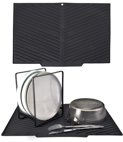 Echehi Silicone Dish Drying Mat with Built-in Drain Lip, 42.5 x 31.5 cm V-shaped Dish Drainer Mat with Non-slip Design, BPA-free and Easy to Clean. Black