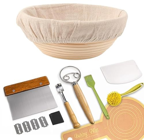 VGASHARE Bread Proofing Basket Set,9 inch Round Sourdough Proofing Basket, for Baking Beginners- with Cutter, Stirring Rod, Baking Mat, Spatula, Cutting Board, Oil Brush, Brush (9 Inch)