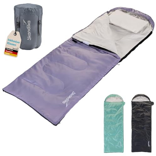 Skandika Deckenschlafsack Skye | Schlafsack 3 Jahreszeiten, mit Kissen, koppelbar, 220 x 75 cm, 250g/m² Mikrofaserfüllung, Innentasche, waschbar | Schlafsäcke Outdoor (Lavendel | RV Links)