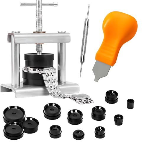 ORAGKE Klockpress set med 12 delar, boettpress, fodralöppnare, verktyg för batteribyte och mekanism, öppning och stängning av runda klockor, Silver