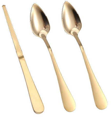 3pcs Cuillères et Couteau Dentelés pour Pamplemousse, Ustensiles Service Courbés en Acier Inoxydable pour Agrumes Citron Kiwi Melon Citron Vert Pitaya Outil Manger Fruits (Doré)