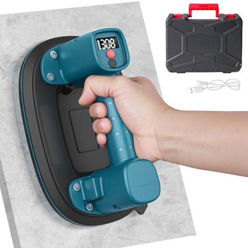Akku Saugheber, 300 kg Tragkraft, Elektrischer Vakuumheber mit LCD-Anzeige & 4000 mAh Akku, Auto Nachsaugfunktion, Doppelmotor, 10 Saugnäpfe für Fliesen, Glas, Terrassenplatten (1er-Set)
