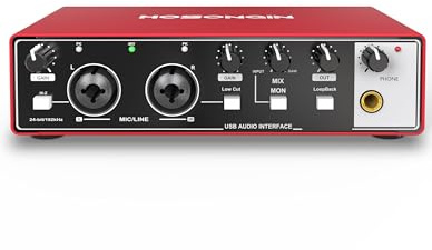 HOSONGIN USB Audio Interface for Beginners - 24Bit/192kHz, 48V Phantom Power, Plug & Play Recording for Podcast/Vocals/Guitar/Youtube, PC/Mac/iOS Compatible (New Red Metal)