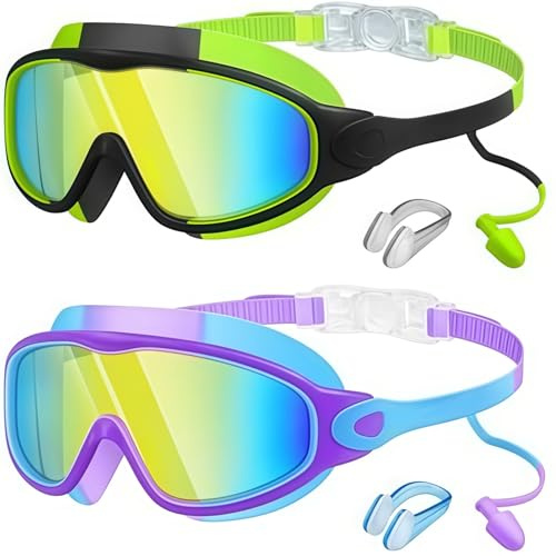 RUISOPE 2 Pares Gafas Buceo Niño, Gafas Natacion Niño Antivaho Lente Hd ProteccióN UV400 DiseñO A Prueba De Fugas Incluye Tapones Para Los OíDos Y Pinza Nasal Para Niño Y Adolescentes