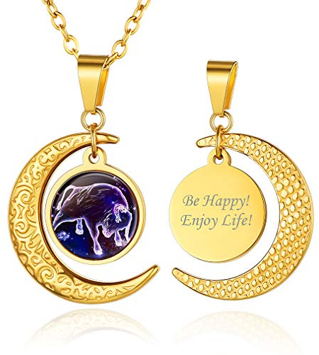Custom4U Collier Prénom Personnalisé Signe Astrologique Taureau Or,Pendentif Lune Signe Zodiaque Personnalisable avec Chaîne Réglable 50+5cm,12 Constellations Bijoux Cadeau Femme Anniversaire