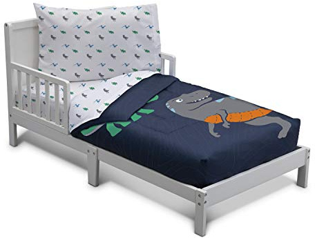 Delta Children 4 Piece Toddler Bedding Set for Boys - Reversible 2-in-1 Comforter - Includes Fitted Comforter to Keep Little Ones Snug, Bottom Sheet, Top Sheet, Pillow Case - Jurassic Dinosaur