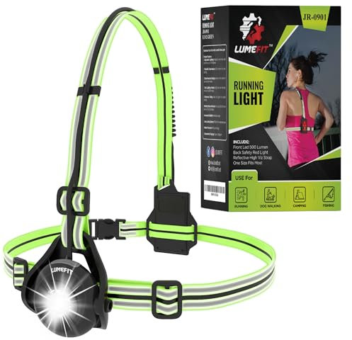 LUMEFIT Run Light Running Lights for Runners Chest LED Lamp 120° Adjustable Beam Angle 500 Lumen 360 Degree Reflective Band USB Rechargeable Front Body Torch Jogging Hiking