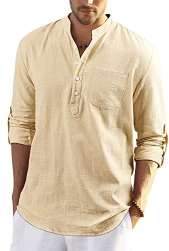 Enlision Camisa de Lino Manga Larga para Hombre Camisas Informales de Verano Camisa Suelta de Ocio de Color Sólido con Botónes Top con Bolsillo