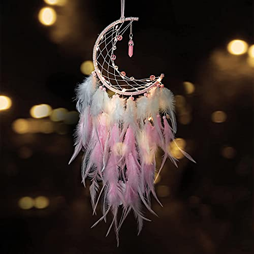 Dremisland Acchiappasogni con Luci Fatate Pipistrello Rosa Dream Catcher per Bambini Asilo Fatto a Mano Appeso a Parete Ornamento Festival Decorazione da Parete (Rosa)