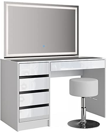 Vicco Schminktisch Sherry, Weiß Hochglanz, 120 cm mit LED-Spiegel und Hocker