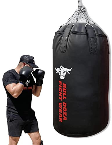 BULL DOZA FIGHT WEAR Riesiger, strapazierfähiger selbstbefüllbarer Boxsack – mit hängenden Ketten, Wirbel, Karabiner – für MMA, Kickboxen, Muay Thai, Kampfsport (Schwarz, XXL Jumbo Tank 3.5FT)