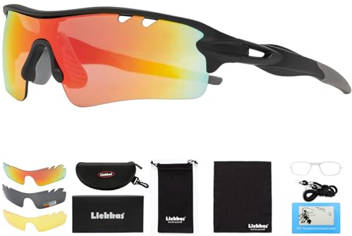 Liekkas Lunettes de soleil de sport polarisées pour homme et femme avec 3 verres interchangeables pour course à pied, cricket, VTT, cyclisme, noir et orange