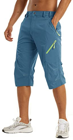 KEFITEVD Herrshorts, under knät, snabbtorkande, 3/4, vandring, långa promenadshorts, sommar, tunna capribyxor med 4 fickor med dragkedja, Ljusblått, 48 SE