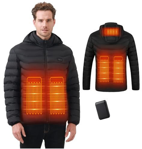Giacca Riscaldato con Cappuccio, Giacca invernale Uomo Calda con 3 Livelli di Riscaldamento, Porta di ricarica USB, Cappotti Impermeabile per Il Lavoro All'aperto Sci Pesca Equitazione Moto(Nero,XXL)