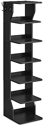 VASAGLE Smal Skohylla med 7 Hyllor och Krokar, 26,4 x 30 x 110,4 cm | Skoställ i Spånskiva, för Hall och Små Utrymmen, Bläck Svart, ISLAND Kollektion LBS200T16