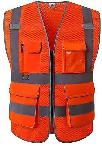 UNINOVA Warnweste für Herren and Damen -Mit 6 Vordertaschen und Reißverschluss, Reflektierende Weste Arbeitsweste EN ISO 20471(DE-Orange01,X-Large)
