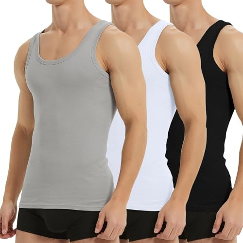 Falechay Débardeur Homme Lot de 3 Maillot de Corps 100% Coton Musculation Sport Maillot de Corps Noir Blanc Gris M