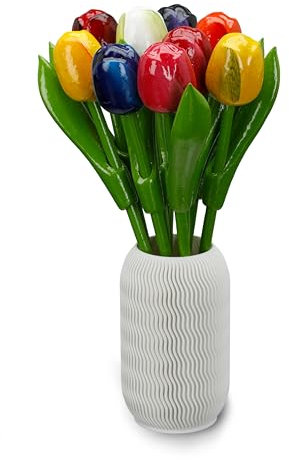 MomoMoments Bouquet de tulipes en bois, décoration en bois, fleurs artificielles en bois, 9 tulipes en bois avec vase 3D, 21 cm, peint à la main, bouquet, décoration, cadeau