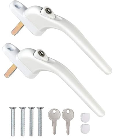 Window Handles 2Pcs - Upvc Window Handles Inline Locking with 2 Keys & 4 Screws, White Universal Lockable Handles Replacement for Windows Doors (40mm Spindle Length)