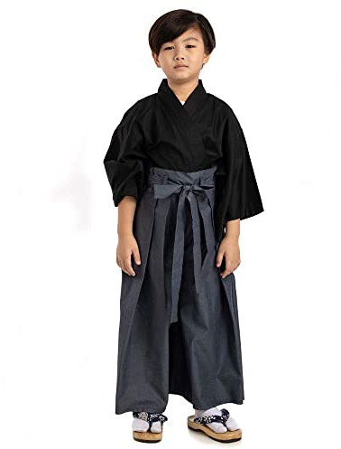 Traditionelles japanisches Kinder Samurai Kostüm Kimono Set Kendo Gi Shirt + Hakama Hose für Jungen und Mädchen aus Baumwolle