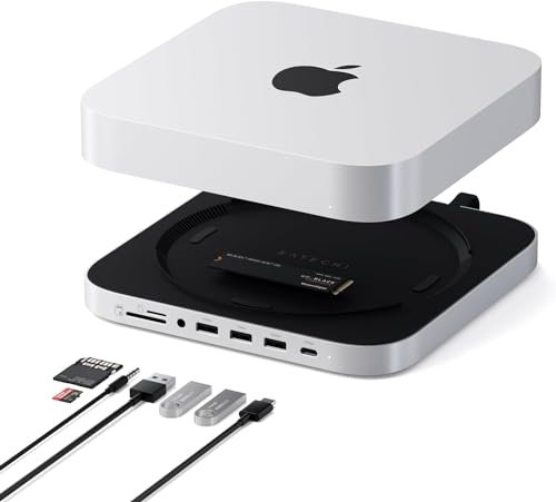 SATECHI Mac Mini Hub & Stand con alloggiamento SSD per NVME/SATA M.2, Dock con USB C 10 Gbps, 3 USB A 5/10 Gbps, Jack audio 2.0, per Mac Studio, Mac Mini M2/M1 (non compatibile con M4) - Argento