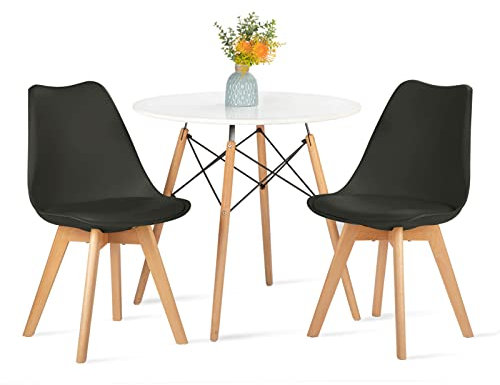 LafeuR Rund Esstisch mit 2 Stühlen Esszimmergruppe, Essgruppen für 2 Personen, 2er Set Esszimmerstühle mit Tisch für Wohnzimmer Küche Büro(Weiß Tisch + 2 Schwarz Stühle)