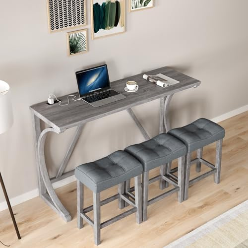 Holaki Bar Table and Chairs Set,4 Piece Console Table with Power Outlet, Counter Height Bar Table Set with 3 Padded Chairs, Industrial Breakfast Table Set for Living Room Dining Room Game Room(Grey)