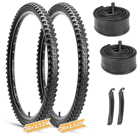 2-Pack Mountain Bike Tires Set: Hycline 20x2.125 Inch (57-406 mm) Folding Replacement Puncture Resistant High-Density Bicycle Tires with Pair Tubes & Tire Levers for MTB Off-Road Bike