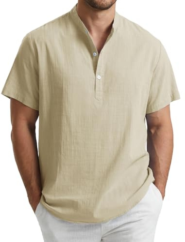 Enlision Men's Linen Shirt Short Sleeve Grandad Collar Collarless Henley Shirts Men Solid Color Casual Summer Beach Holiday Button Down Tops S-4XL