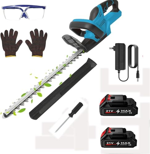 Cortasetos profesional inalámbrico de 21 V con 2 baterías de 1500 mAh x 10, 1500 rpm, diámetro de corte 3 – 4 pulgadas, batería para albergar, podar árboles, arbustos, jardín verde)