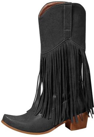 Bottes de cowboy pour femme - Moyennes - Hautes - Avec franges - Avec talon bloc - Bottes d'hiver à franges - Couleur unie - À enfiler - Pour l'automne et le costume traditionnel, Noir , 41 EU