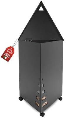 MOHOME Porta Pellet da Interno Made in Italy Contenitore Baule Triangolare Portapellet in Acciaio Nero 65 x 39 x 34 cm Capacità 30 Kg Ruote Girevoli Scatola Cesto per Stufa a Pellet Camino Già Montato