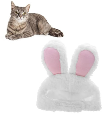 FELTECHELECTR Cappello Orecchie di Coniglio per Gatto in Peluche Bianco, Costume Adorabile per Animali Domestici, Caldo e Confortevole per Feste di Halloween e Servizi Fotografici