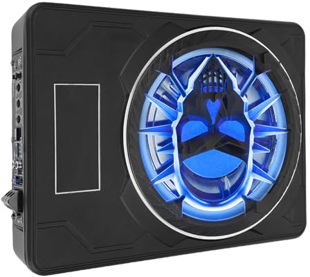 Jenivaint Bil Subwoofer, Aluminiumlegering 10 Tum Smal Undersäte Aktiv Subwoofer 800W Peak 220W RMS med Fjärrkontroll LED-lampor för Lastbil SUV Bilstereo (Blå)