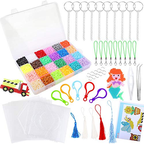 Konsait 22000PCS 2.6MM Mini DIY Fuse Beads Set 24 Colours, 3 Large Plastic Fuse Beads Pegboards Template Beads Boards, 5 Iron Papers, 2 Tweezers, 15 Key Rings, 15 Hang Cords, Idea Design Booklet