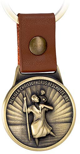 FABACH Porte-clés Saint Christophe sur cordon en cuir - Saint de protection pour les automobilistes et voyageurs - Plaque Saint Christophe pour voiture et moto - Pendentif moderne
