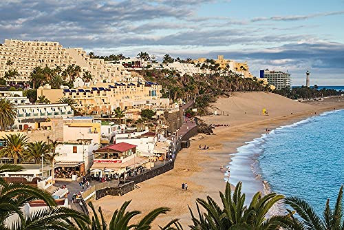 ArtExpert Canary Islands-Fuerteventura Island-Morro Jable-high angle view of Playa de la Cebada beach-sunset by Walter Bibikow - 24x16 Art Print Poster