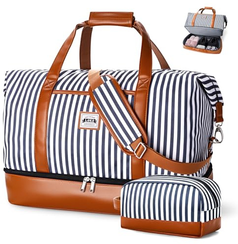 Lekebobor Weekender Bag for Women, Large Holdall Travel Duffle / Overnight Bag with Shoes Compartment & Toiletry Bag, 50L (Blue Striped)