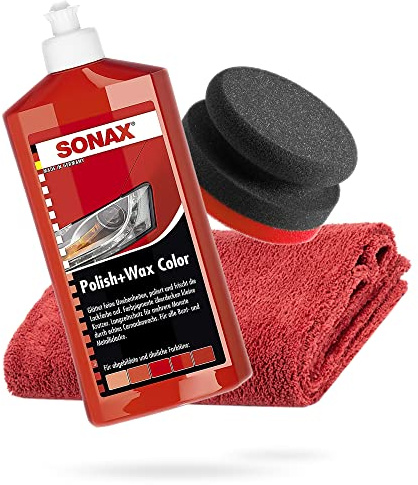 detailmate Sonax Hand Polier Bundle - Sonax Polish+Wax Color Rojo 500 ml Esponja de pulido de mano duro Ø90/50 mm Paño de pulido de microfibra sin bordes 550 g/m² rojo