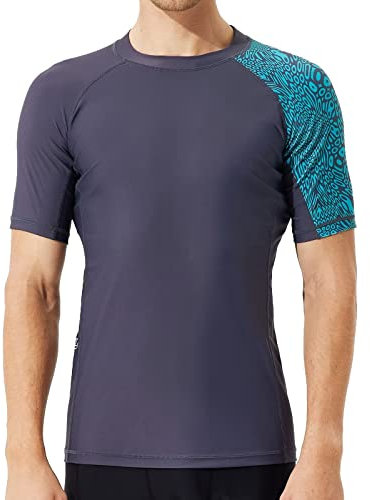SURFEASY Men's Rash Vest Swim Shirts, Sun Protection Short Sleeve Quick Drying Rash Guard Base Layer Snorkeling Swimming Surfing Tops (Waves,3XL)