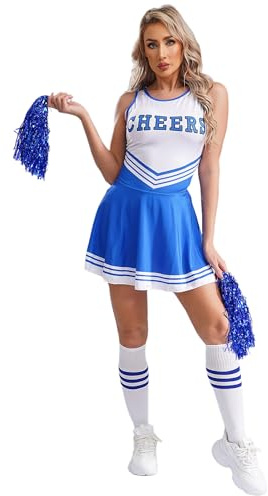 Alvivi Cheer Leader Kostüm Damen Cheerleading Uniform Schulmädchen Kleid mit Pompoms Socken Halloween Fasching Partykleid Blau M