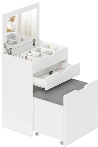 HOMCOM Toeletta da Camera con Specchiera e Sgabello Abbinato, Postazione Trucco con Vano Nascosto e Cassetto in Legno, Bianco