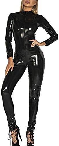 Body De Piel Sintética Para Mujer, Sexy, Con Efecto Mojado, Con Cremallera Frontal,Negro,Grande